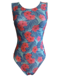 blue and pink hawaiin hibiscus leotard