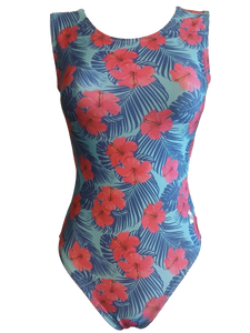 blue and pink hawaiin hibiscus leotard