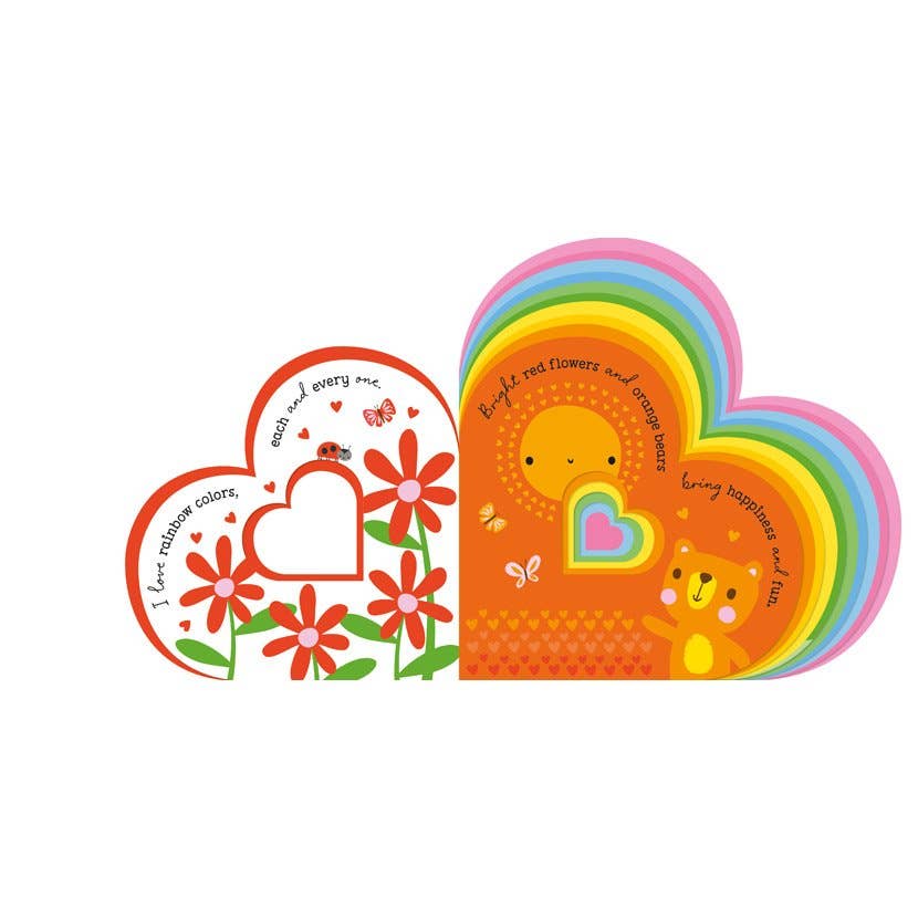 Colorful heart-shaped baby book with cartoon designs on a white background