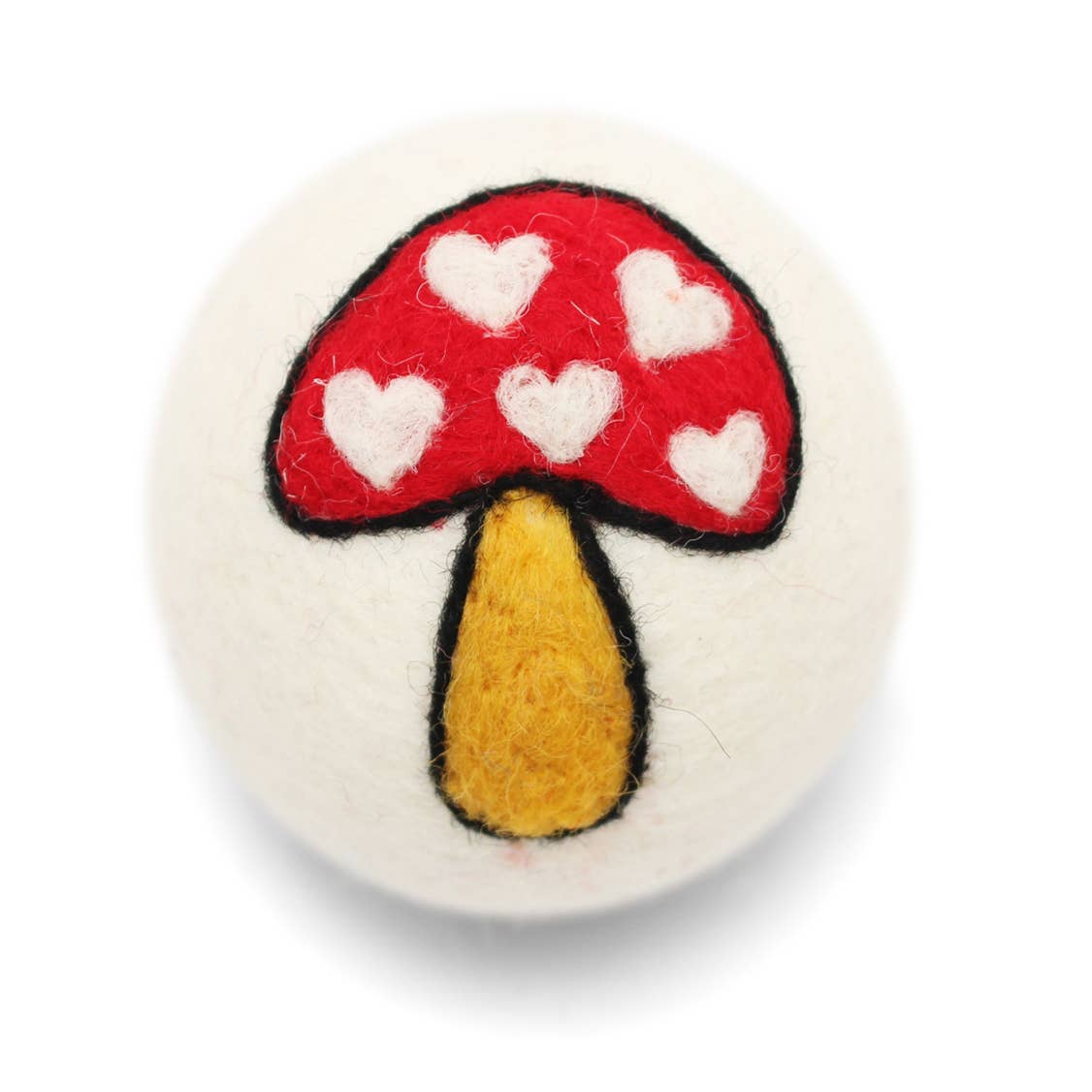 Felted mushroom dryer ball with a red cap featuring white hearts and a yellow stem on a white background