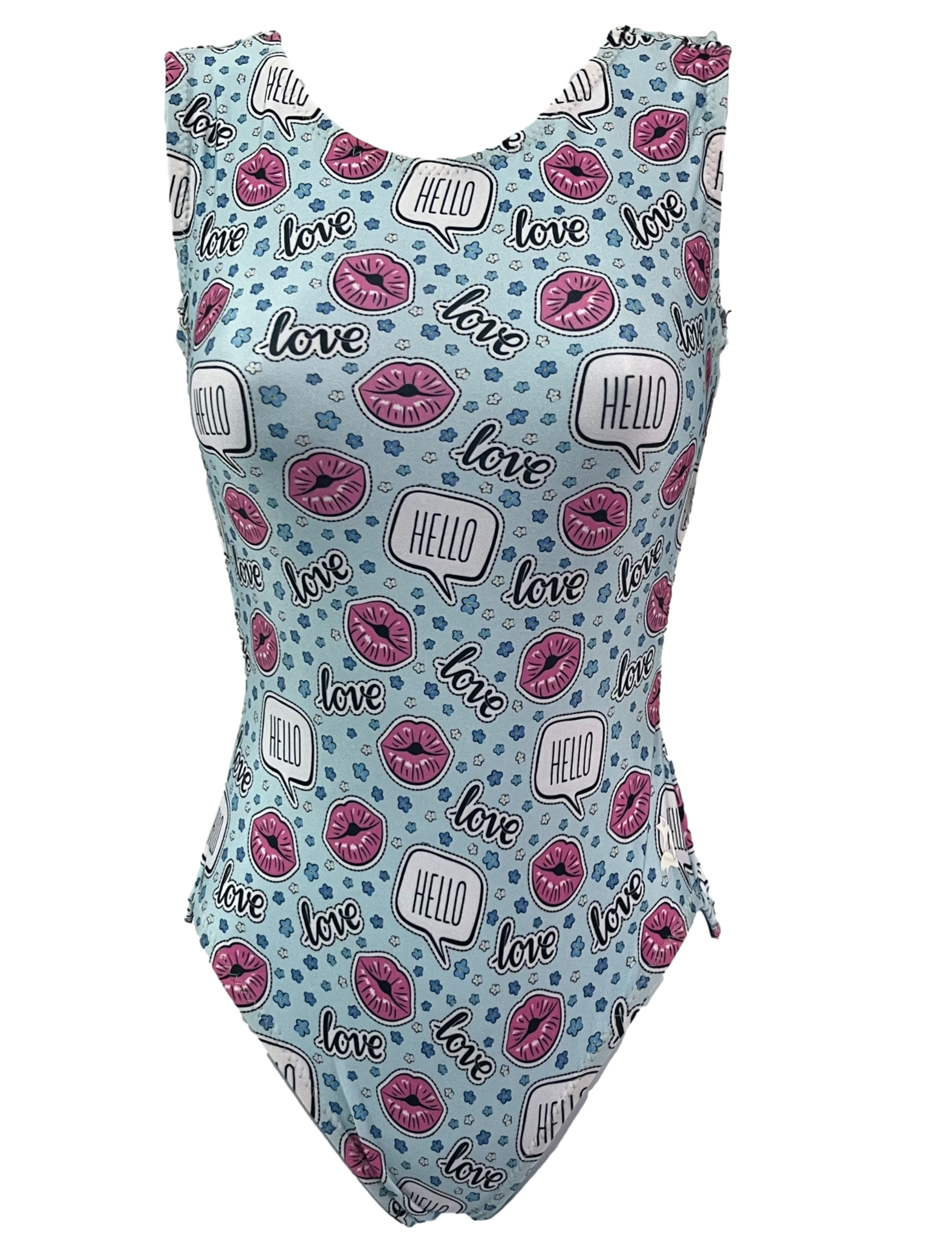 light blue background Valentine leotard with the words Hello & Love and pink kissing lips