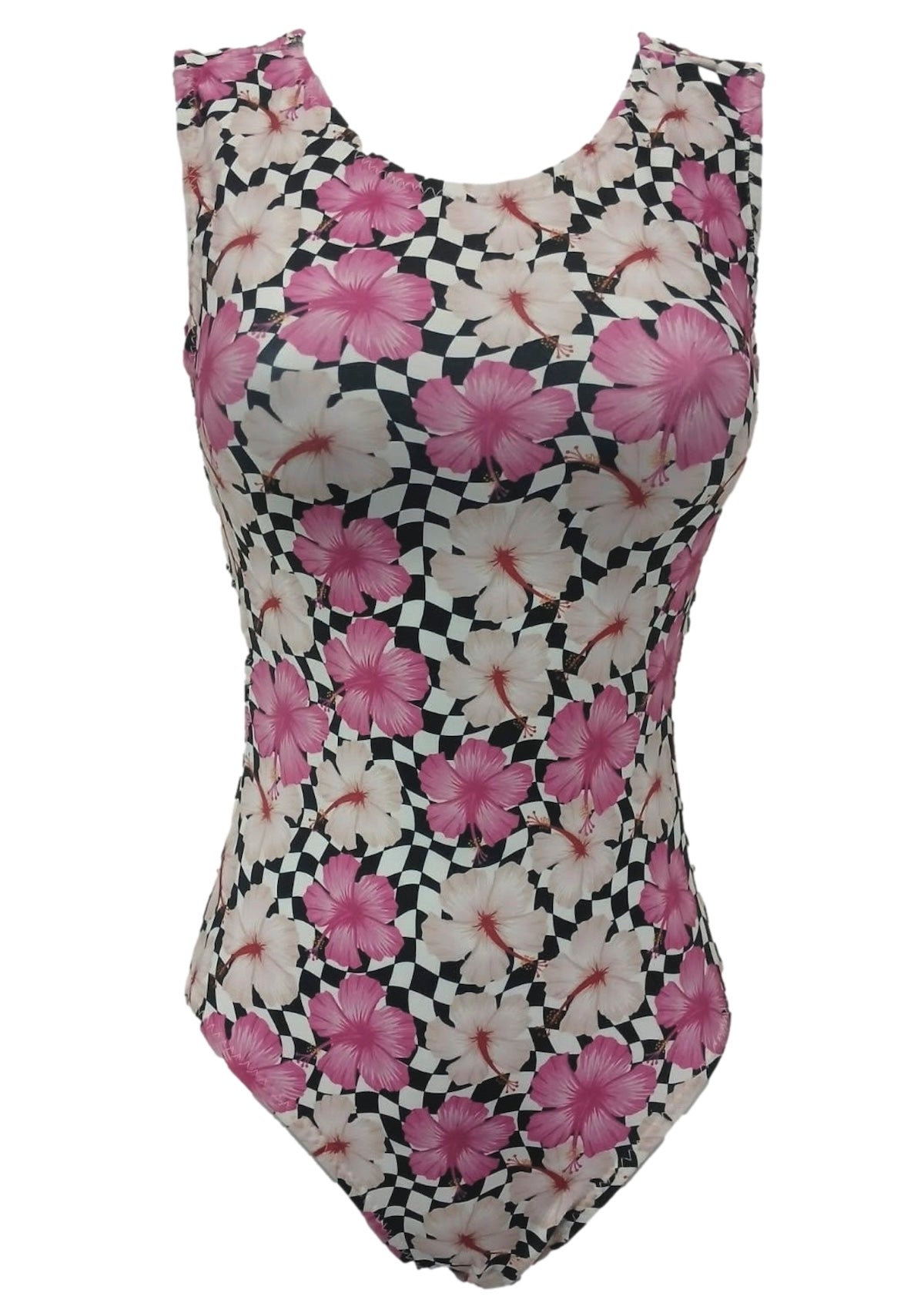 Hibiscus Checker Gymnastics Leotard for Girls - Foxy’s