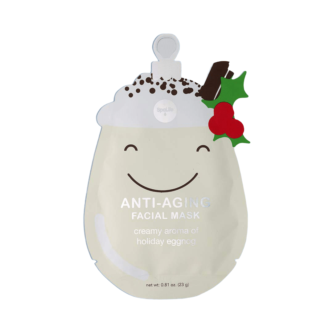 Anti-aging facial mask packaging with holiday eggplant design on a white background