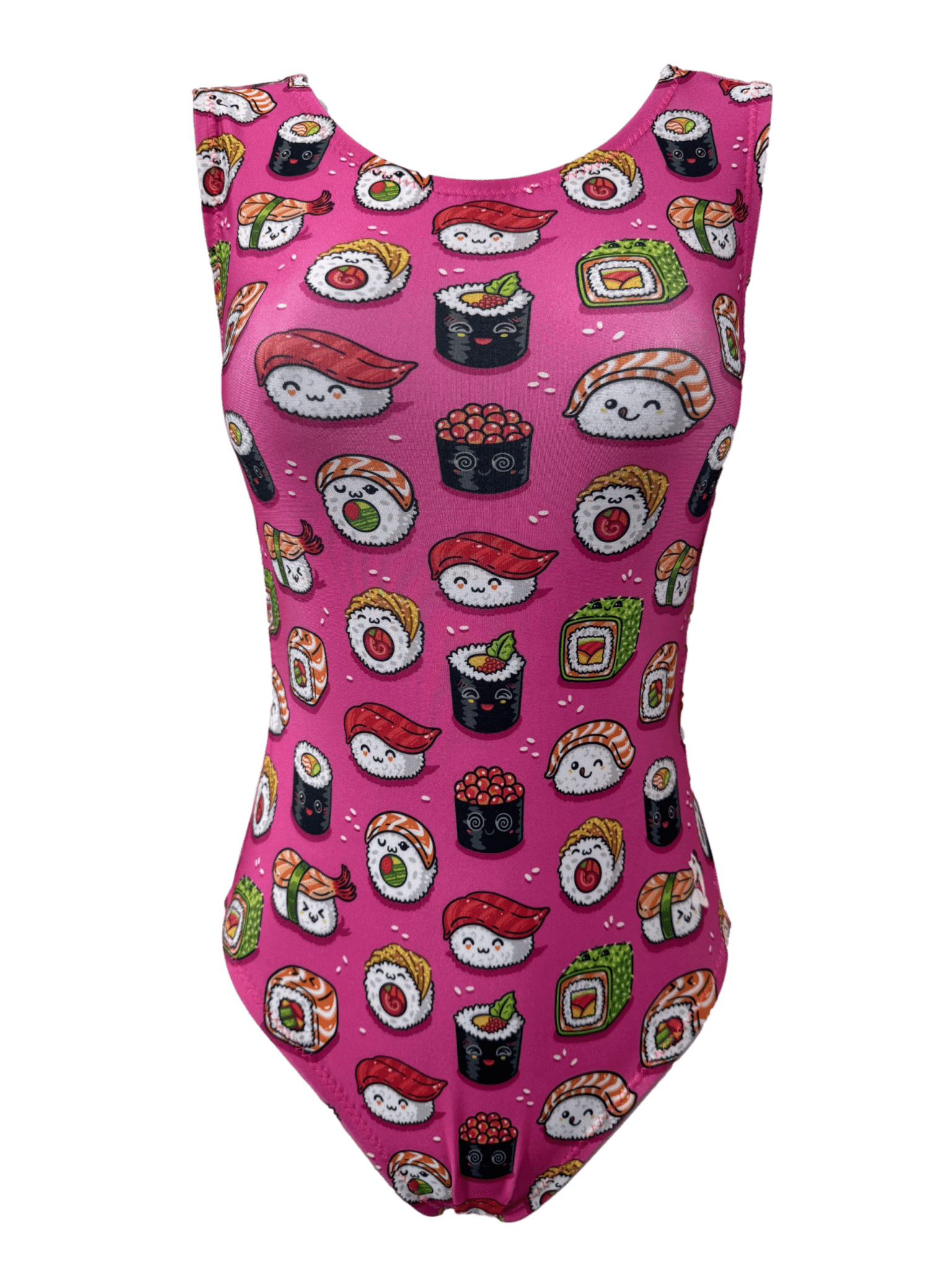 Hot pink foxys gymnastics leotard with cartoon sushi design on a white background