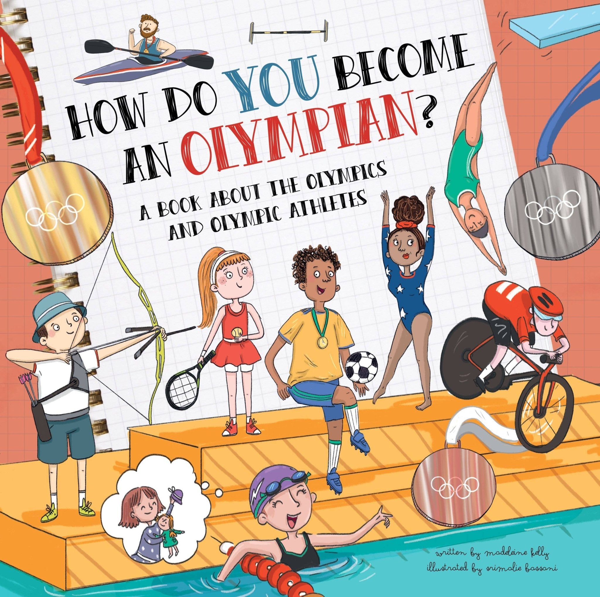 Book cover of 'How Do You Become an Olympian?' with illustrations of various athletes and Olympic symbols.