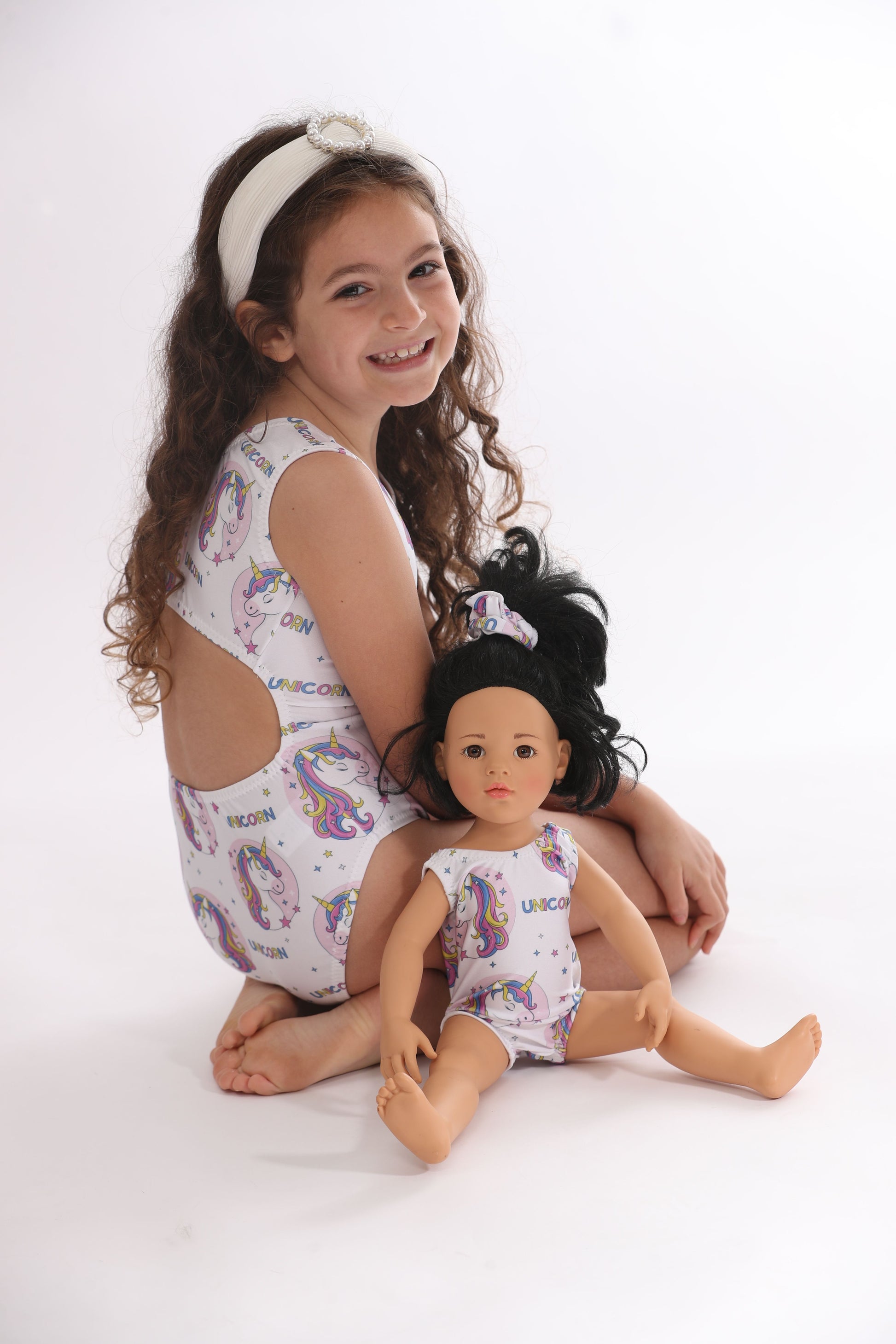 Unicorn leotard and matching doll leotards for girls 