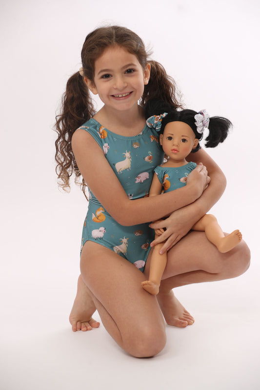 Farm animal leotard and matching doll leotard set