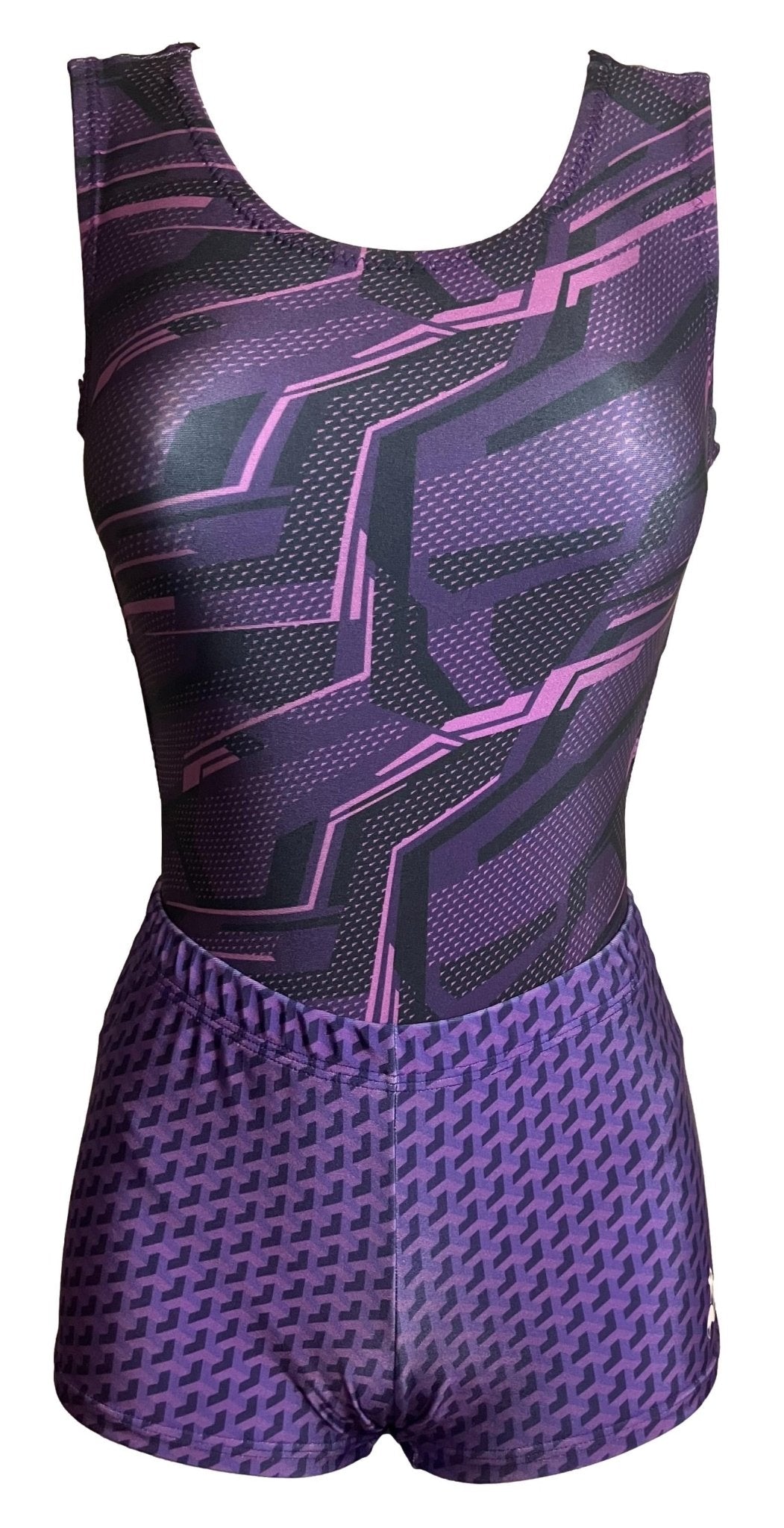 Purple and black patterned leotard with matching shorts.