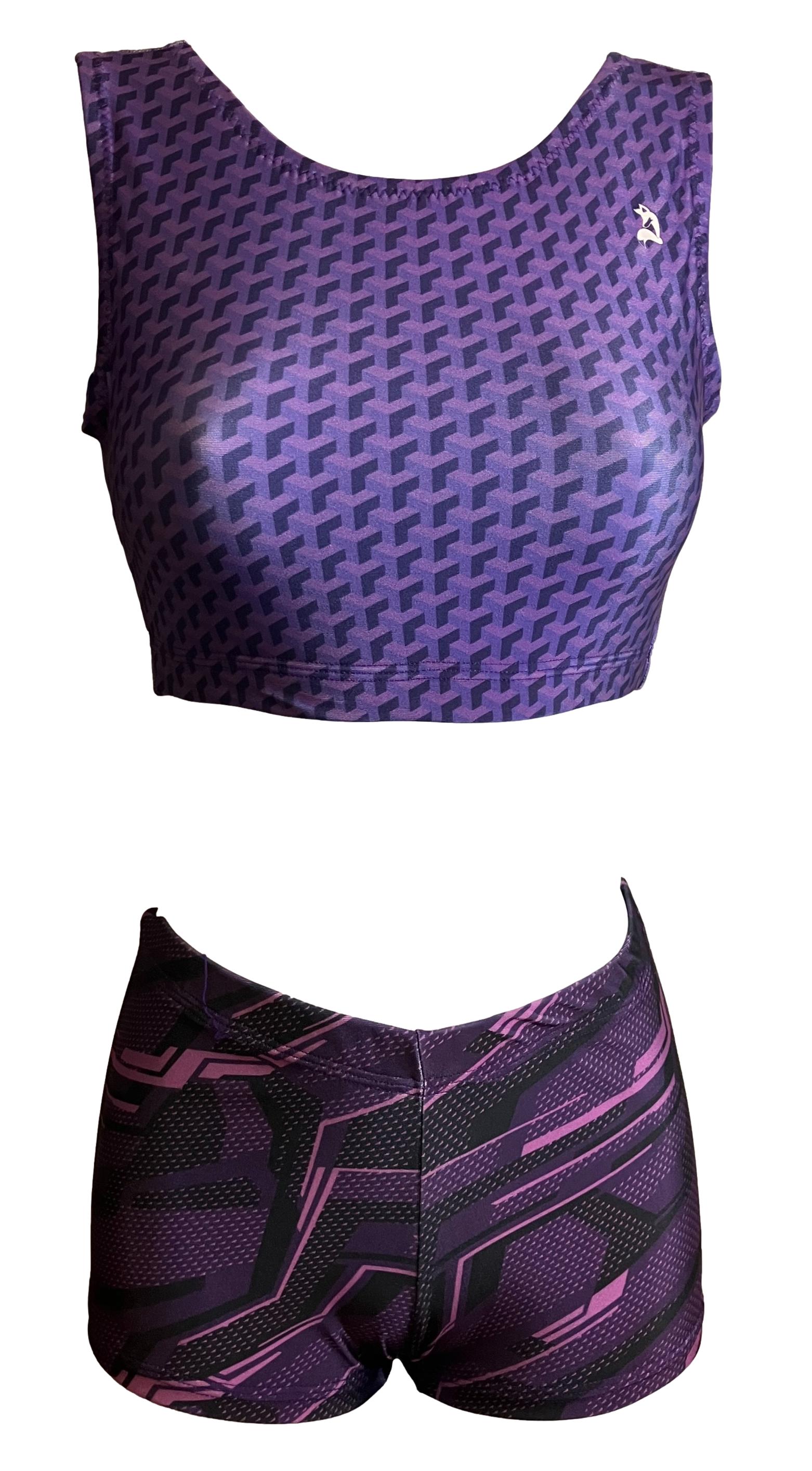 Purple Geometric 2 Piece Yoga/Dance Set shown with 3d top and geometric shorts