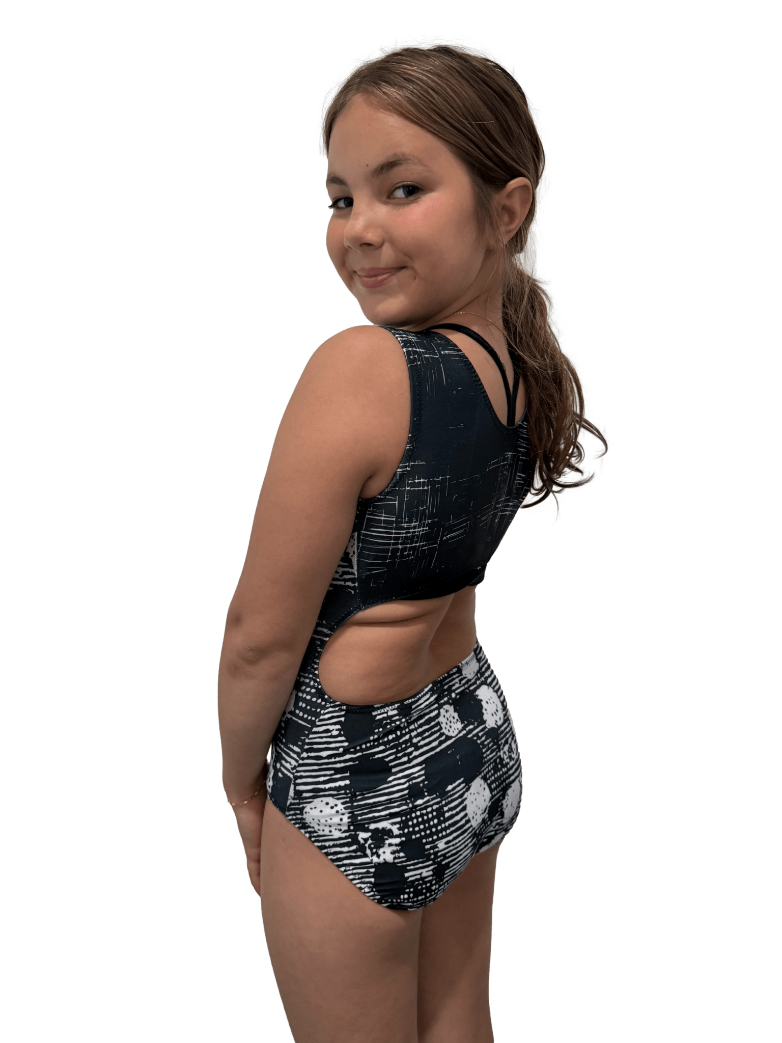 Dot Matrix Leotard - Black & Cream Gymnastics Leotard | Foxy's - Foxy’s
