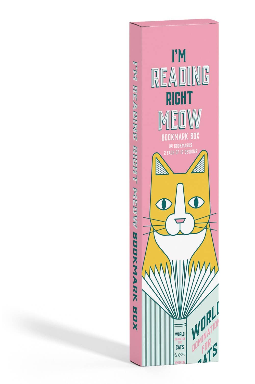 Cat-themed bookmark box with pink packaging and cat illustration on a white background