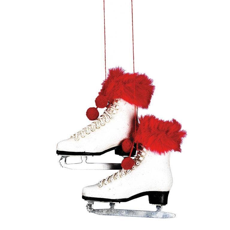 Pair of Skates With Red Faux Fur Ornament - 2.5"H - Foxy’s