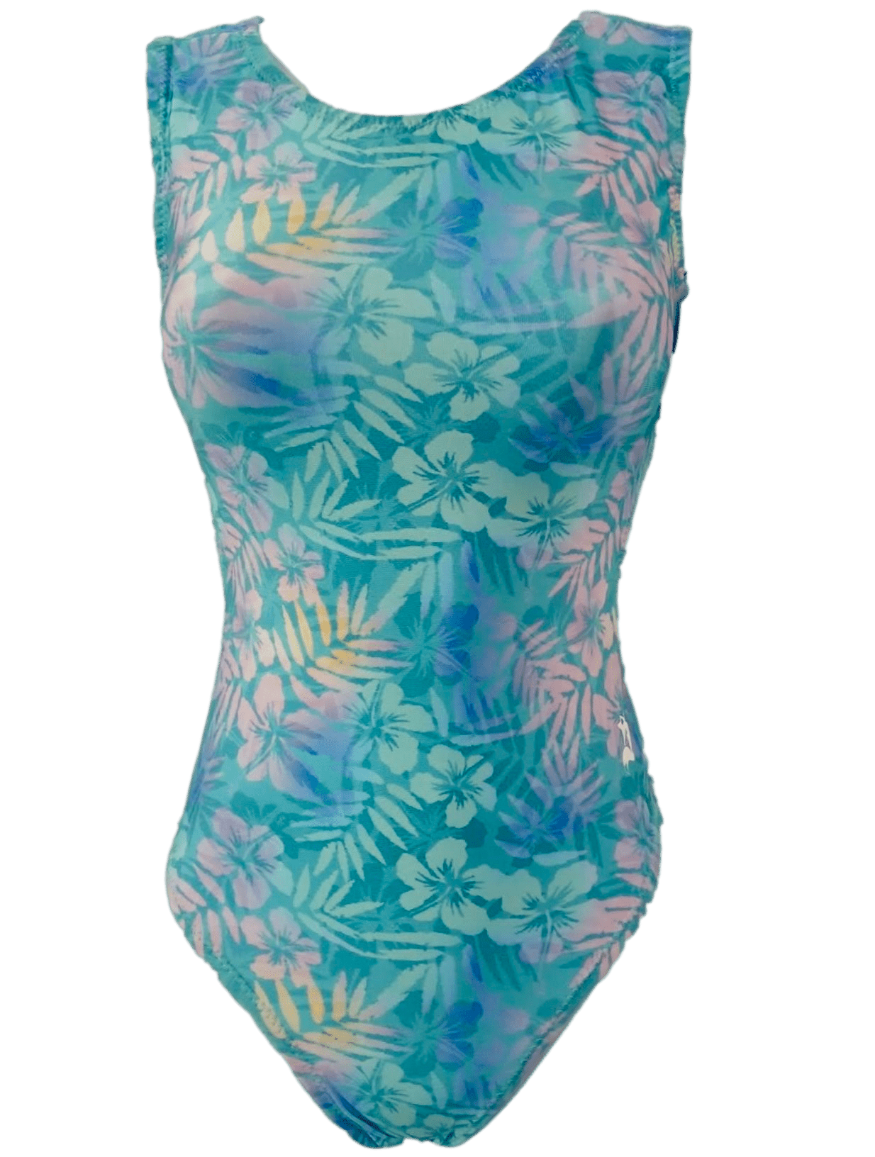 Blue floral-patterned gymnastics leotard by foxys leotards