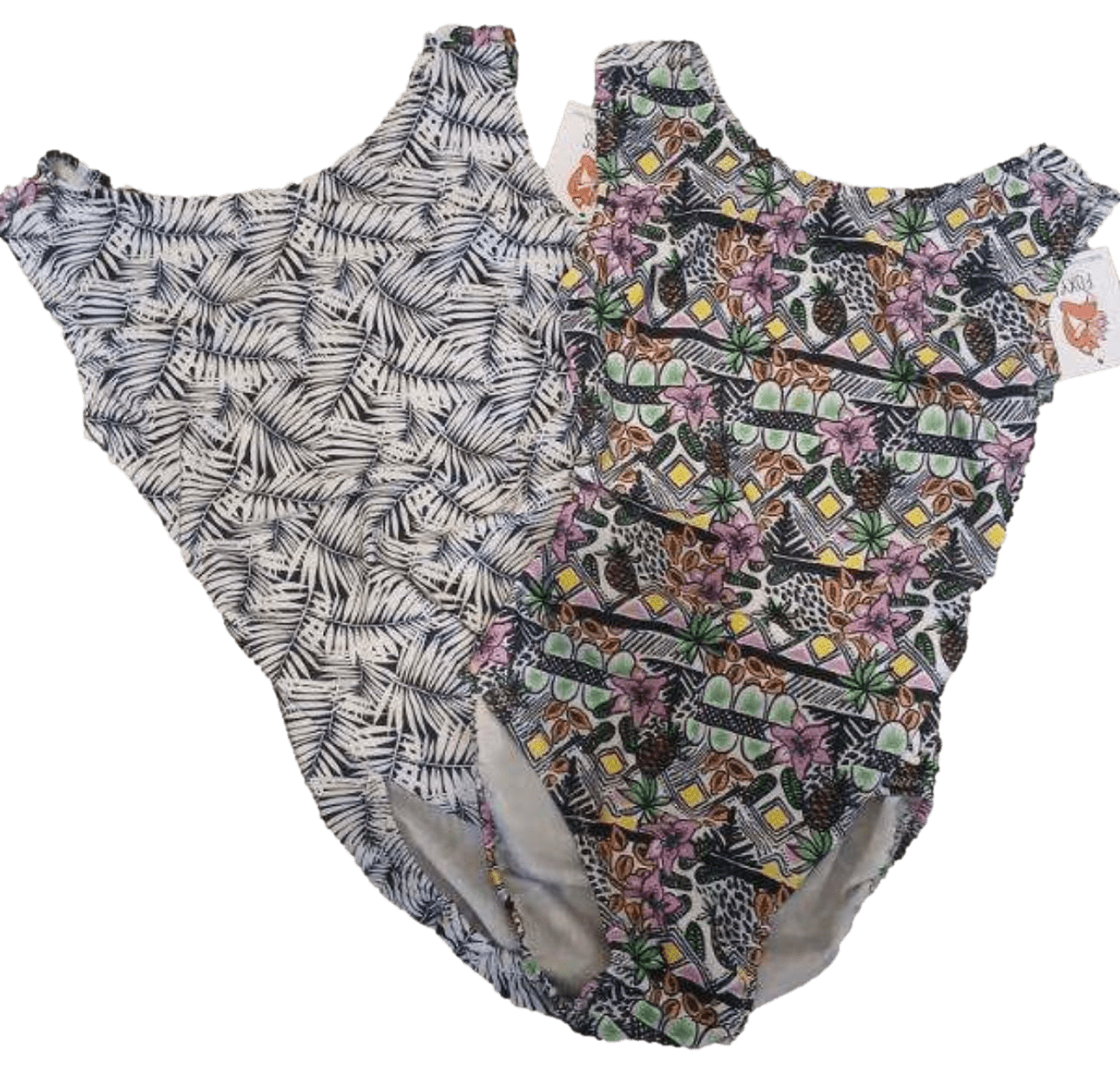 Two gymnastics leotards with complimentary prints with different patterns on a white background
