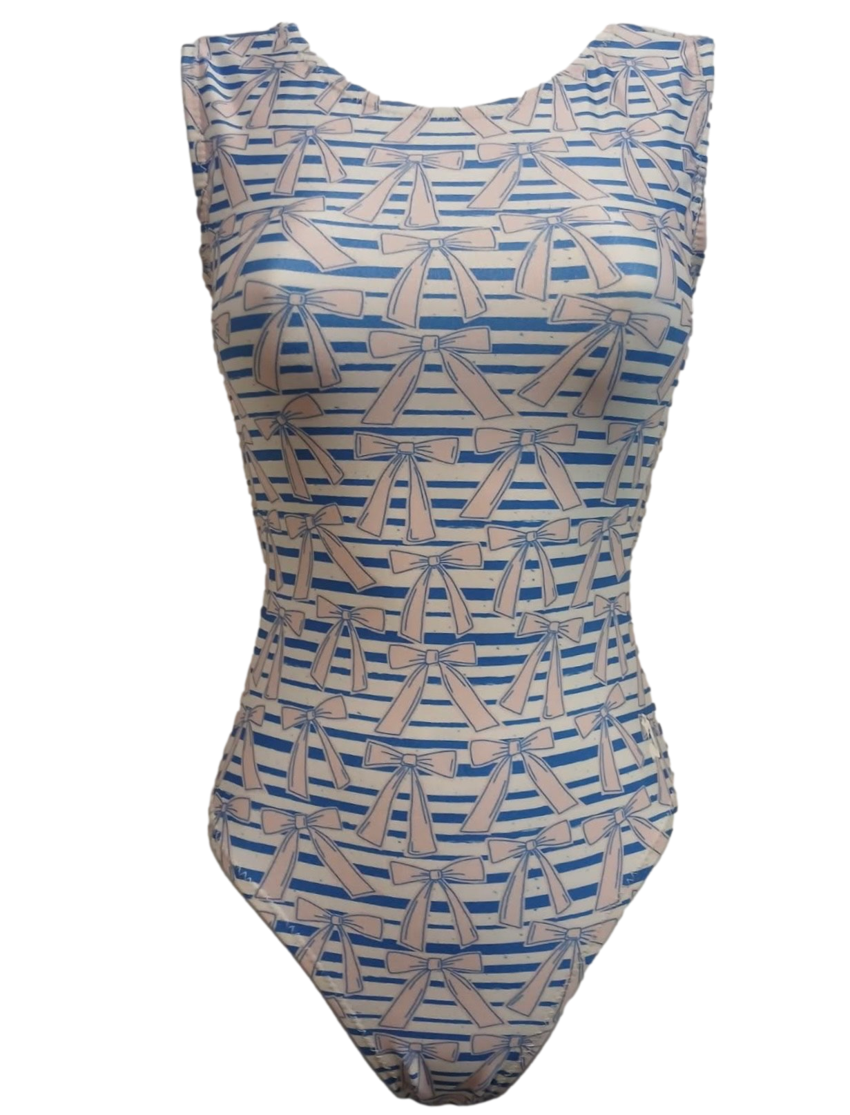 sleeveless gymnastics leotard with navy blue stripes and an allover print of soft pink bows, designed in a classic preppy style.