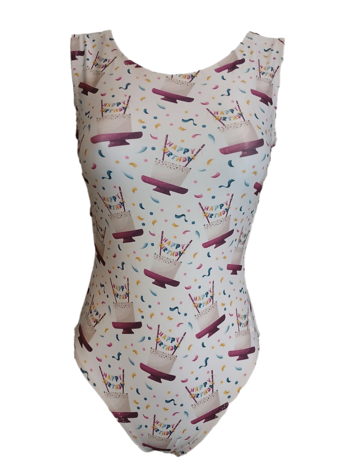 Colorful leotard with cake and confetti pattern on a white background