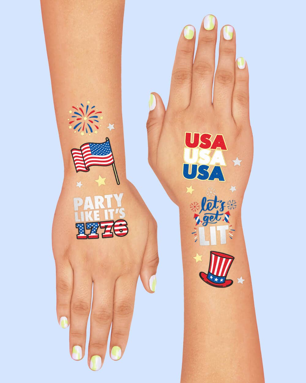 Tattoo designs on hands with American flag, fireworks, and text against a light blue background
