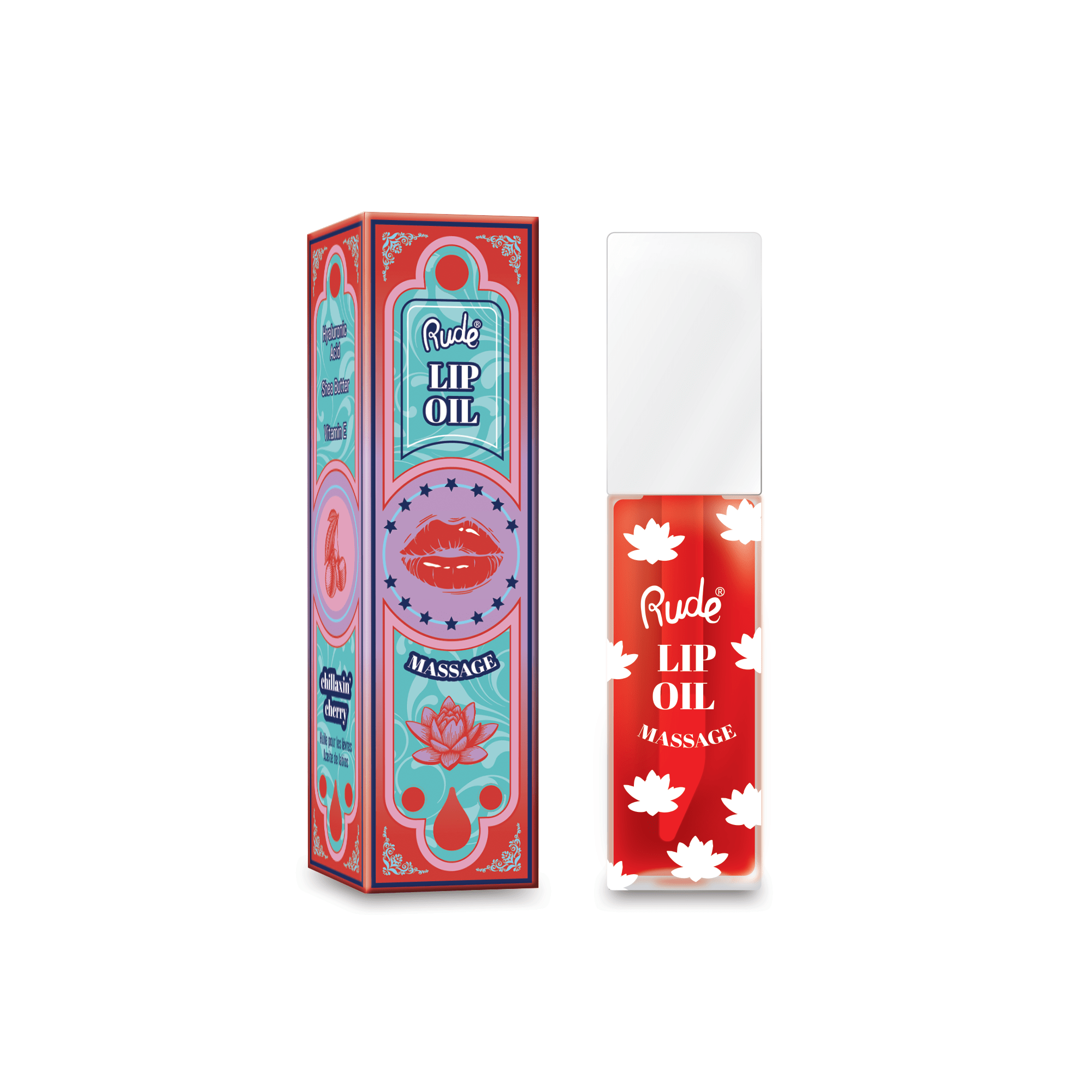 Rude Lip Oil packaging with colorful design on a white background