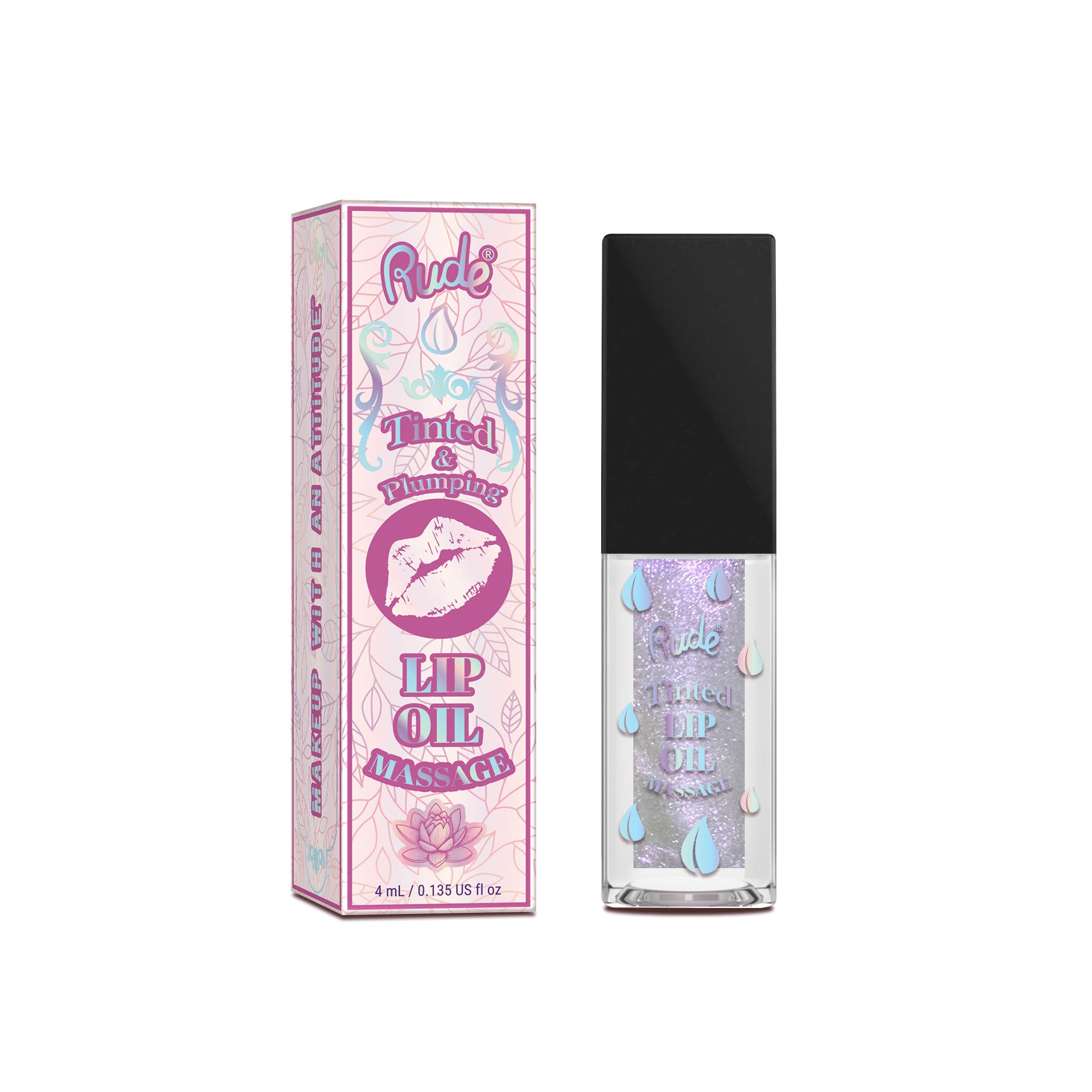  lip oil by rude cosmetics in a tinted and plumping pink