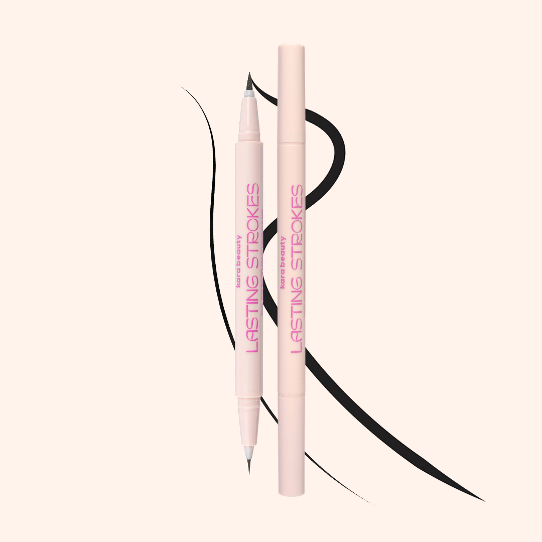 Two pink makeup pencils with 'Lasting Strokes' text on a light pink background