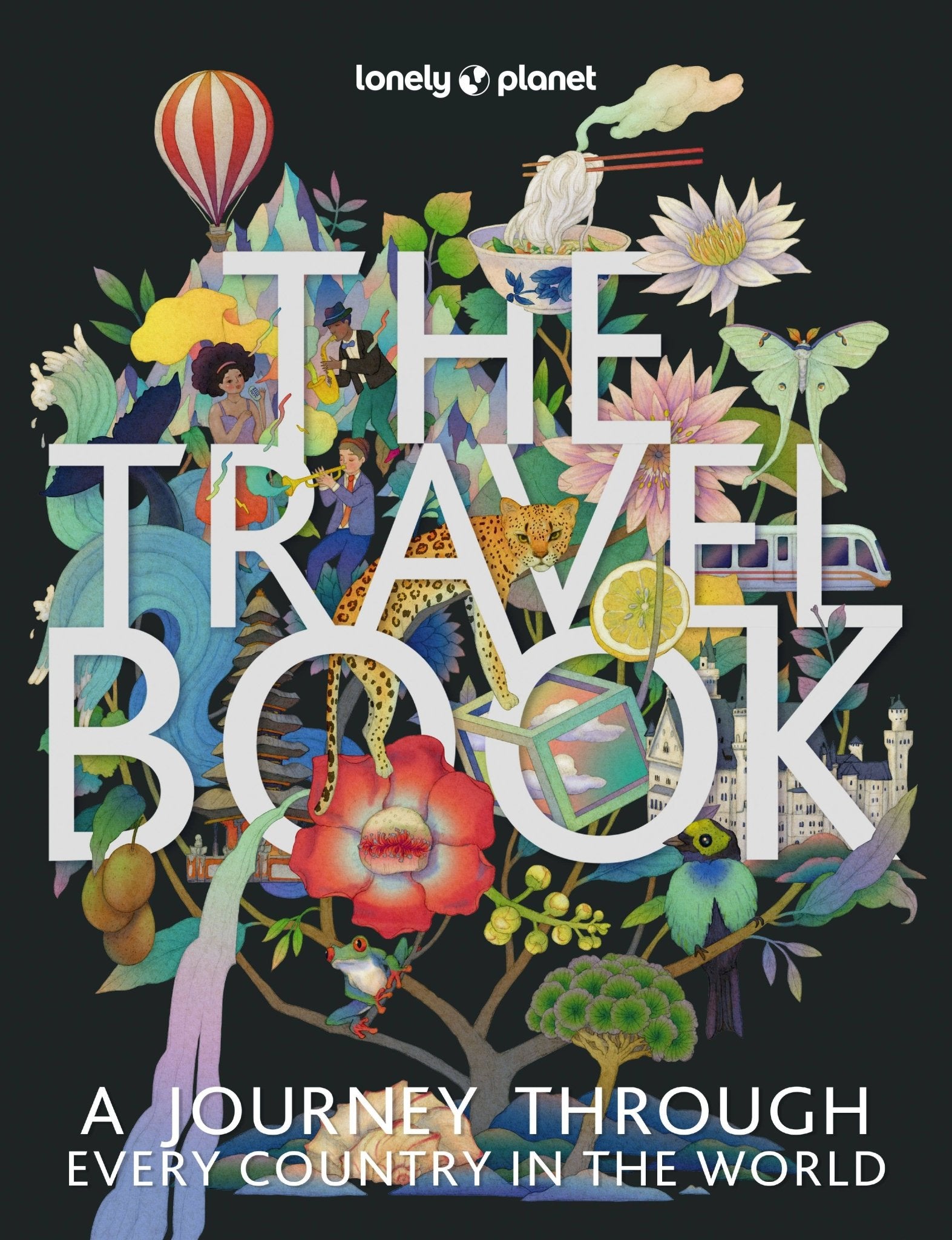 Book cover of 'The Travel Book' by Lonely Planet with colorful illustrations on a black background.