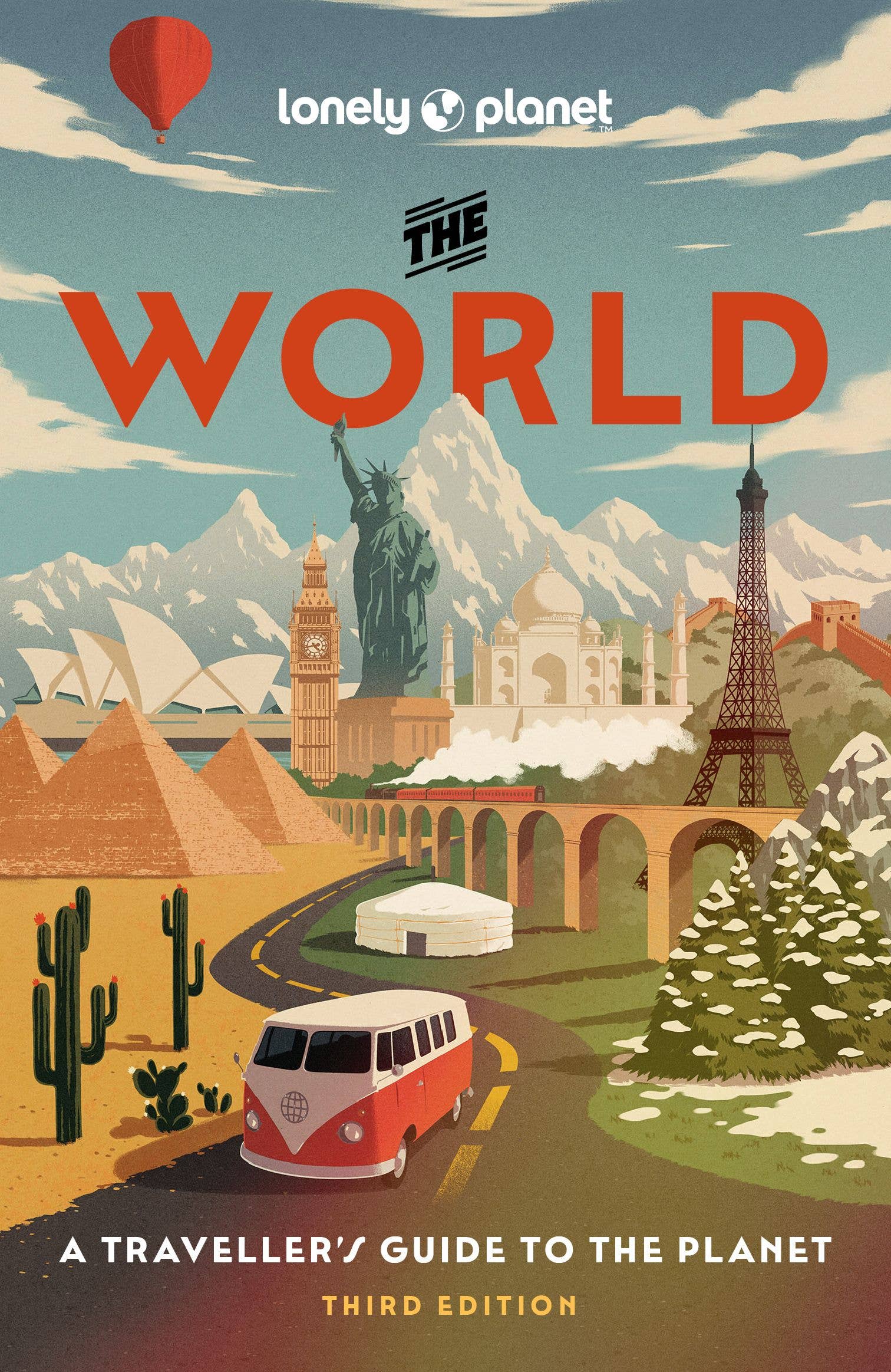 Book cover of 'The World' by Lonely Planet with world landmarks and a van.