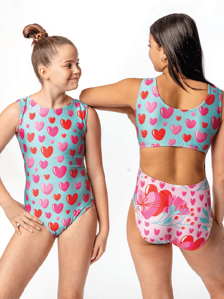 Love You More Vice Versa Gymnastics Leotard – Split Heart Print Dancewear for Girls - Foxy’s