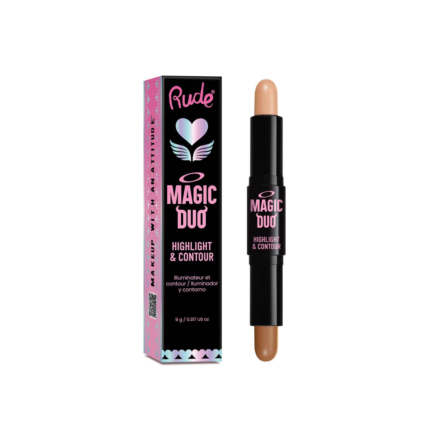 Rude Cosmetics Magic Duo highlight and contour stick with packaging on a white background