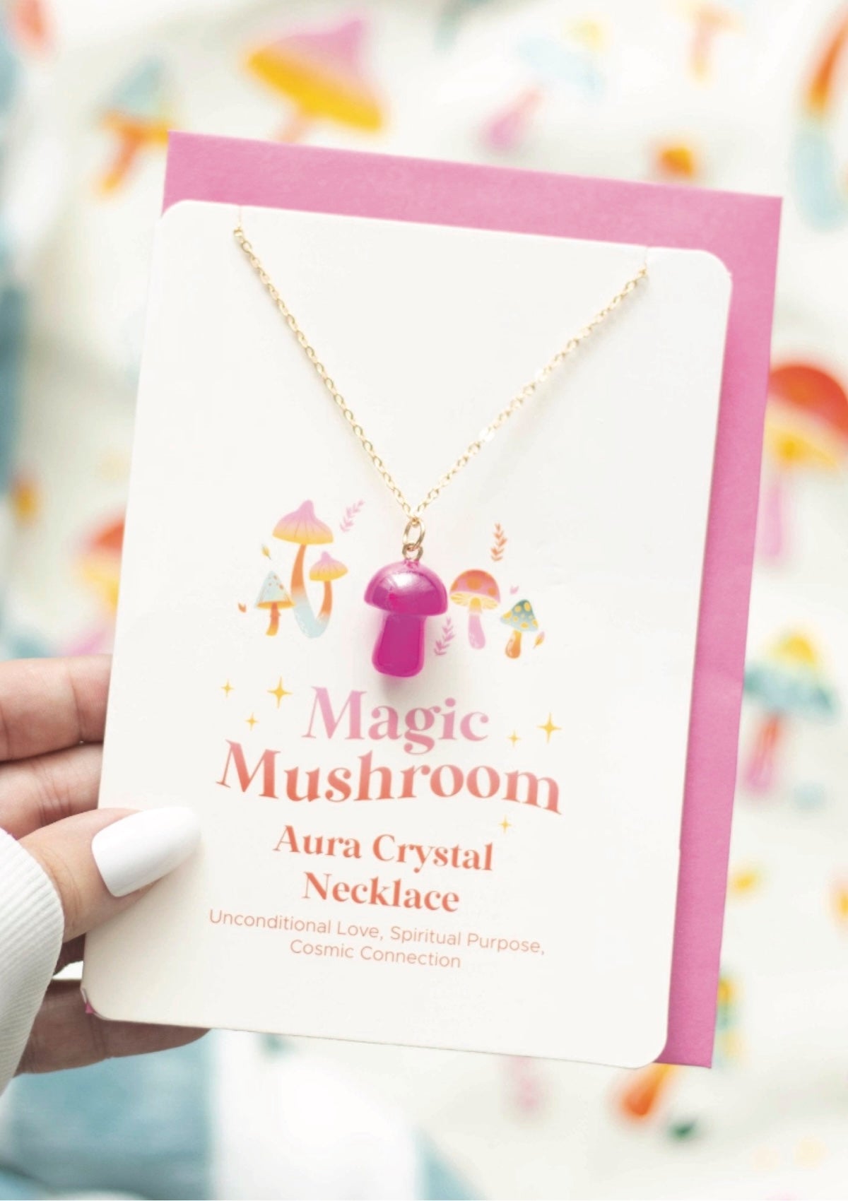 Aura Crystal Mushroom Necklace Card - Pink Magic & Good Vibes! - Foxy’s