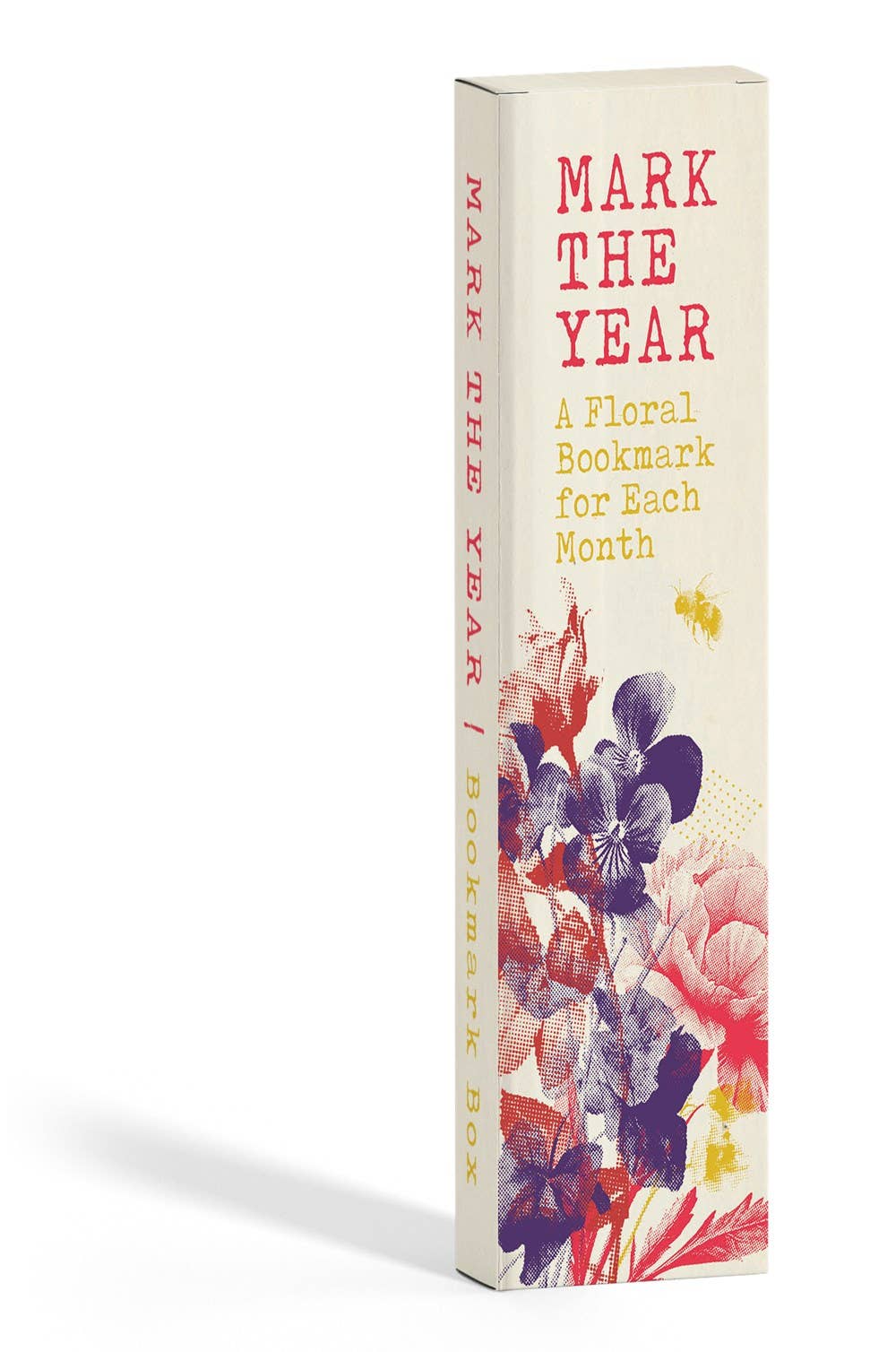 Floral bookmark packaging with 'Mark the Year' text on a white background