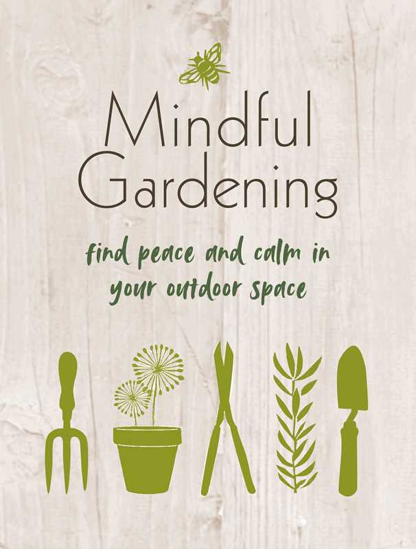 Mindful Gardening poster: bee, garden fork, shears, trowel, potted plant on wood, promoting peace.