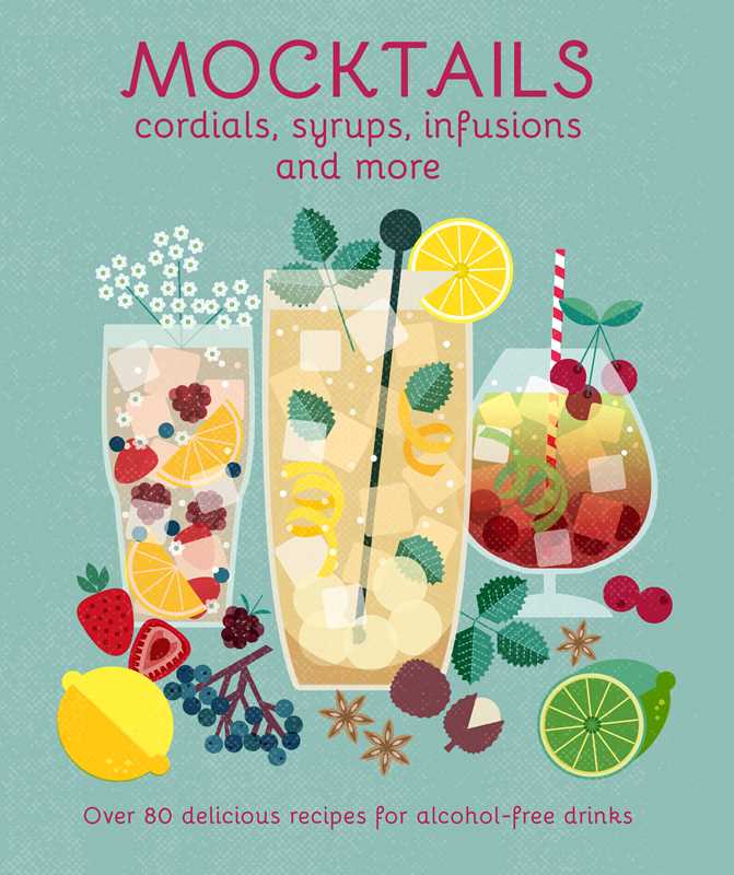 Book cover of 'Mocktails' with illustrations of cocktails and ingredients on a light blue background.