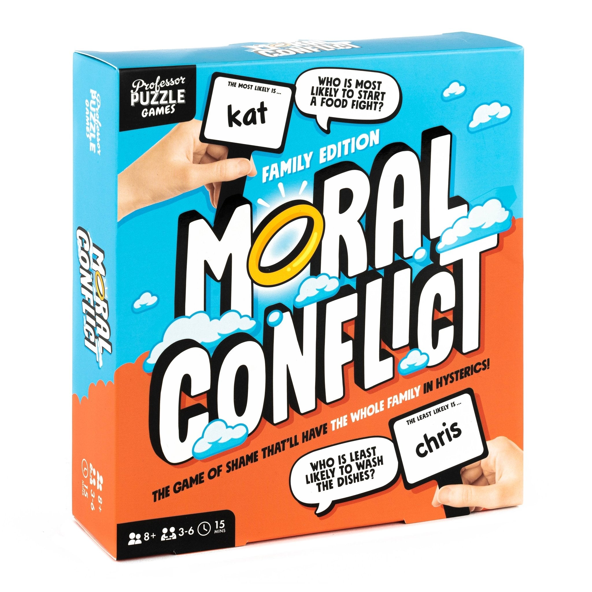 Board game box for 'Moral Conflict' with colorful design and text.