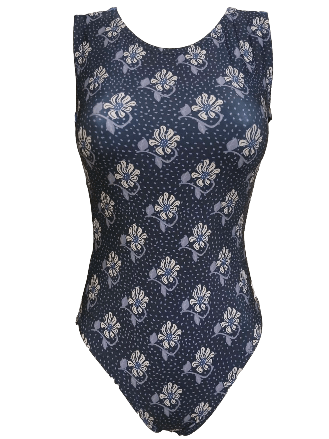 Navy blue leotard with white floral pattern on a green background