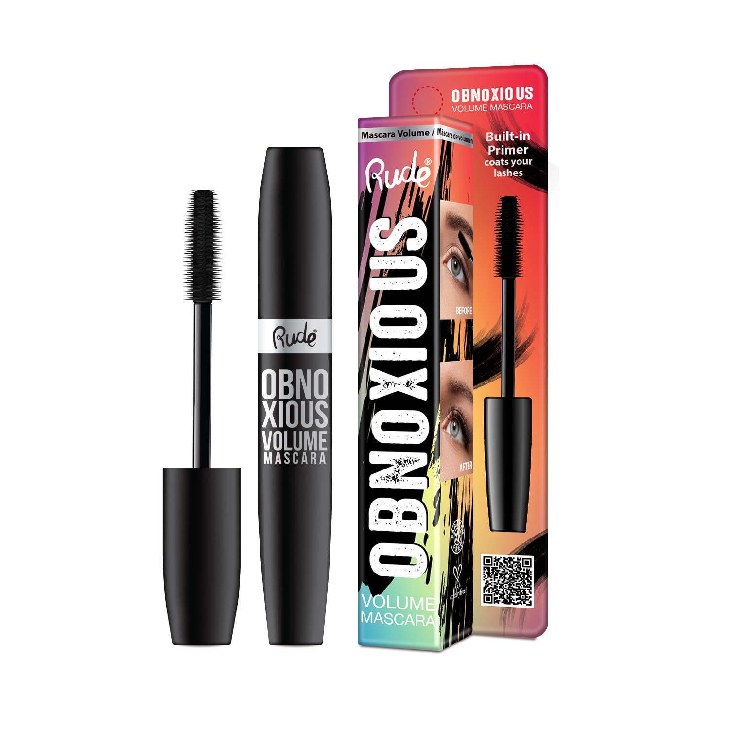 Rude Obnoxious Volume Mascara with packaging on a white background