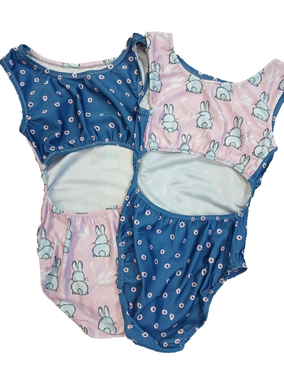 blue and pink bunny easter open-back leotard