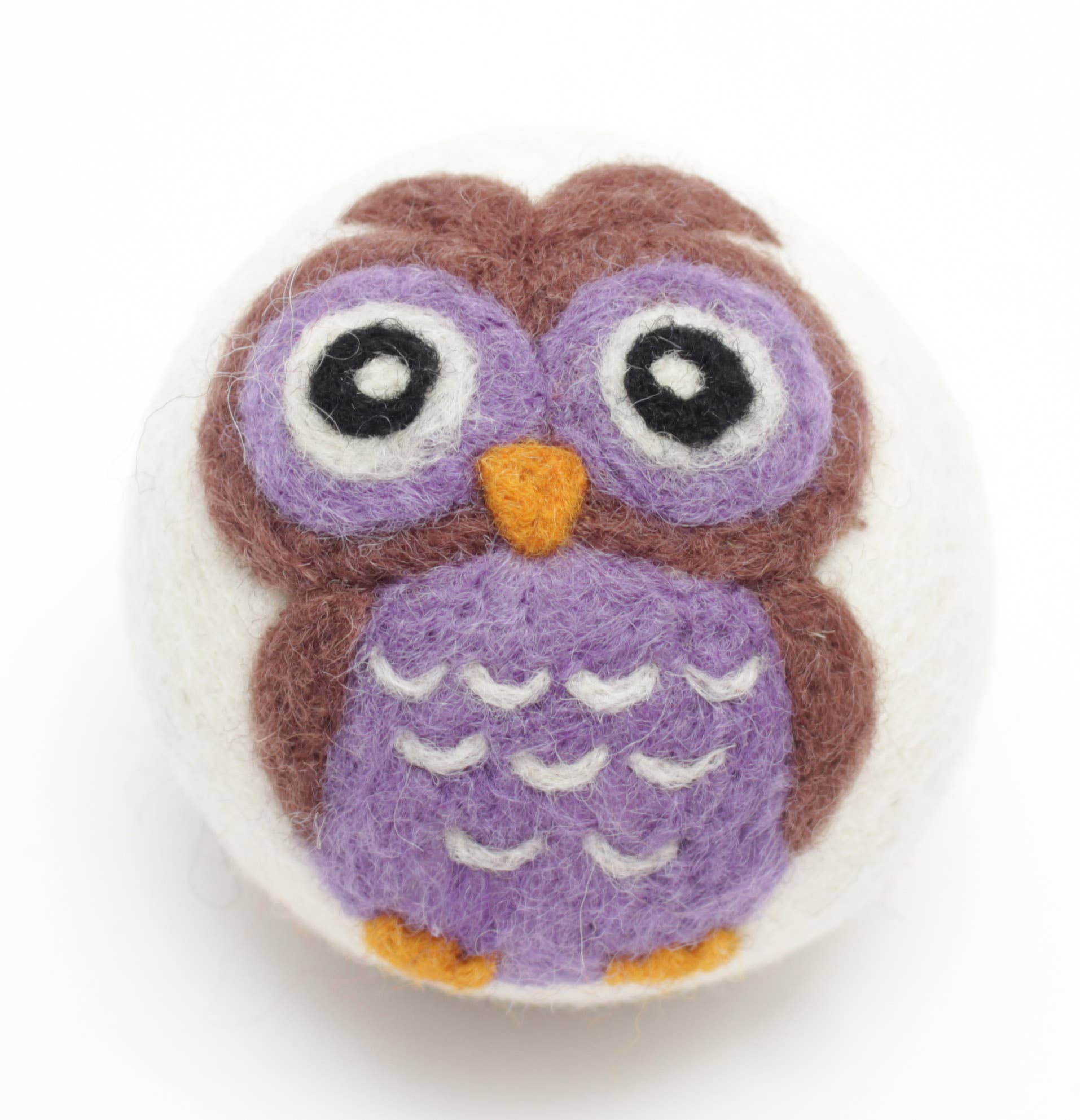 Purple owl figurine with brown ears on a wool dryer ball for home