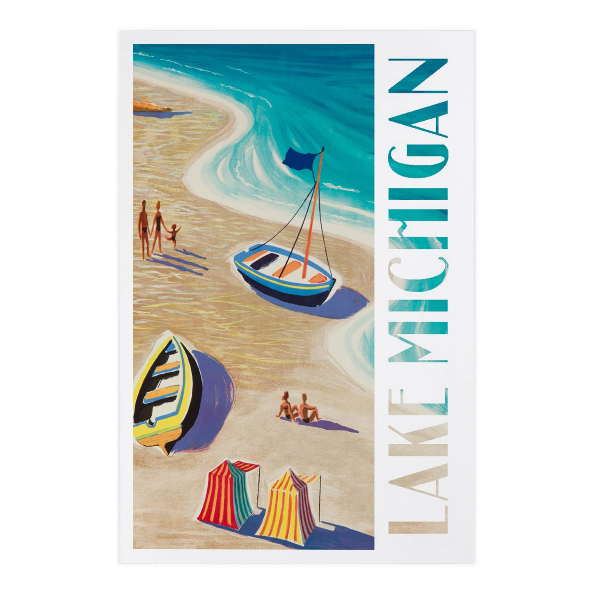Illustration of a beach scene with boats and people, featuring the text 'Lake Michigan'.