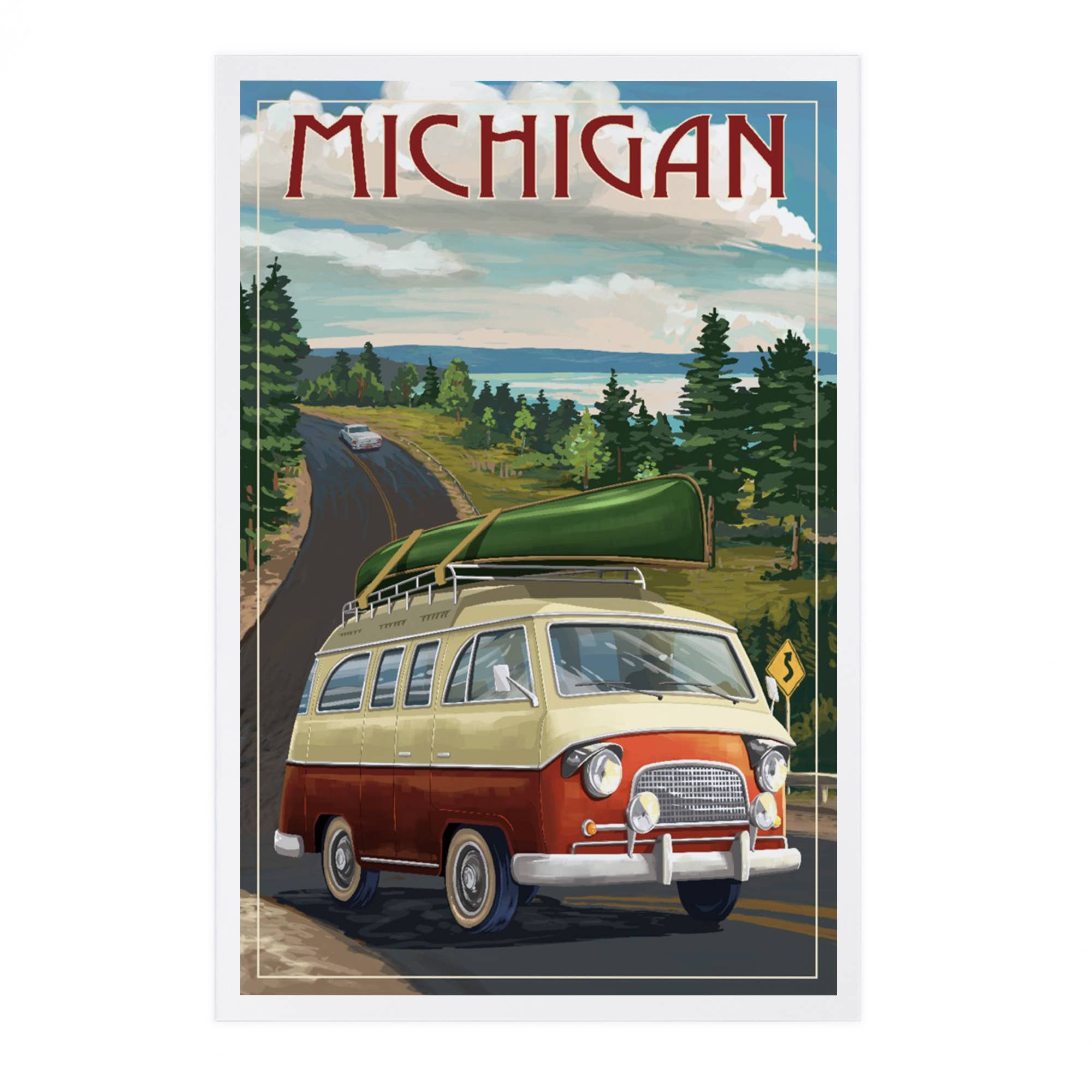 Vintage-style poster of a van with a canoe on top, driving through a scenic Michigan landscape.
