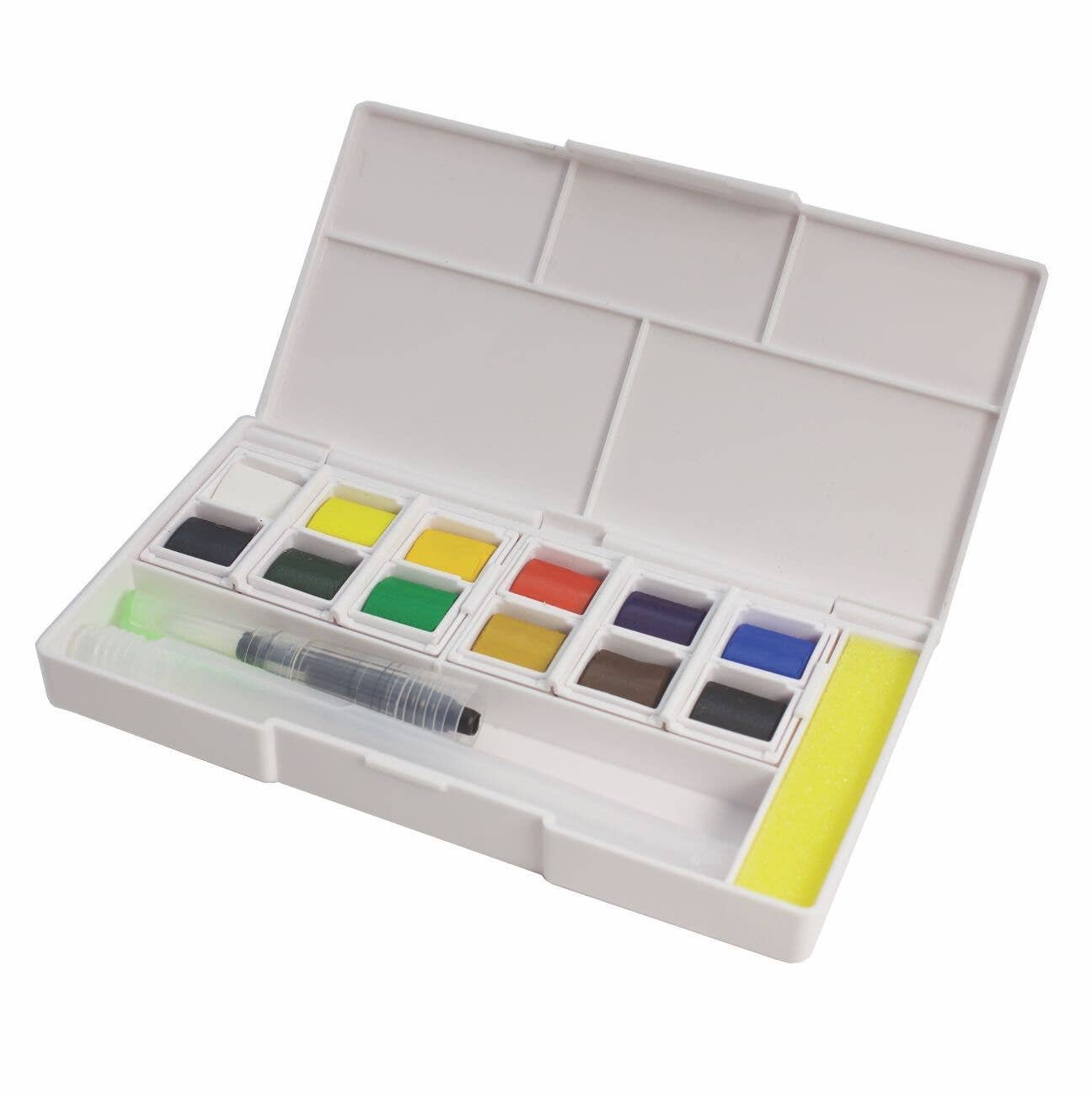 Watercolor paint set with brush and sponge in a white palette.