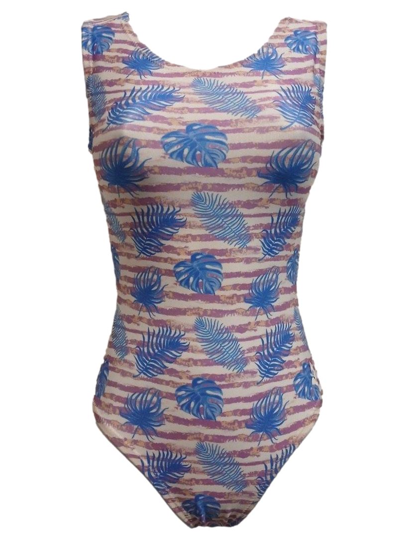 leotard with blue tropical palm and monstera leaves over tan and pink sunset stripes, scoop neck with full coverage.