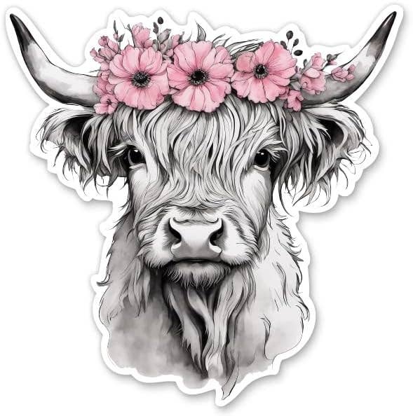 Sticker of a cow with pink flowers on its head against a white background