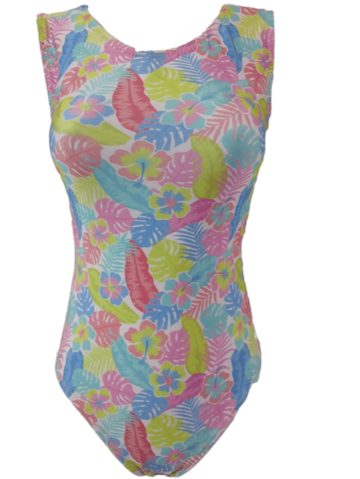 Colorful floral-patterned leotard with pastel palms and flowers 