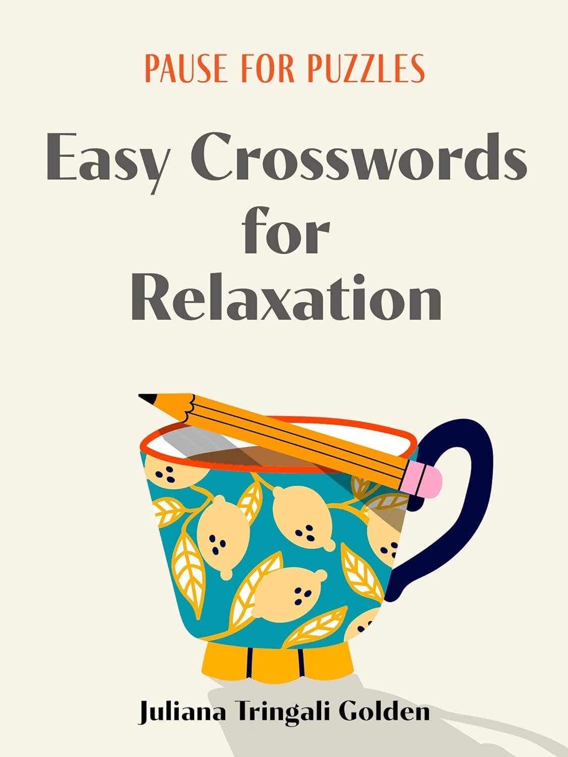 Book cover of 'Easy Crosswords for Relaxation' with a cup and pencil illustration.