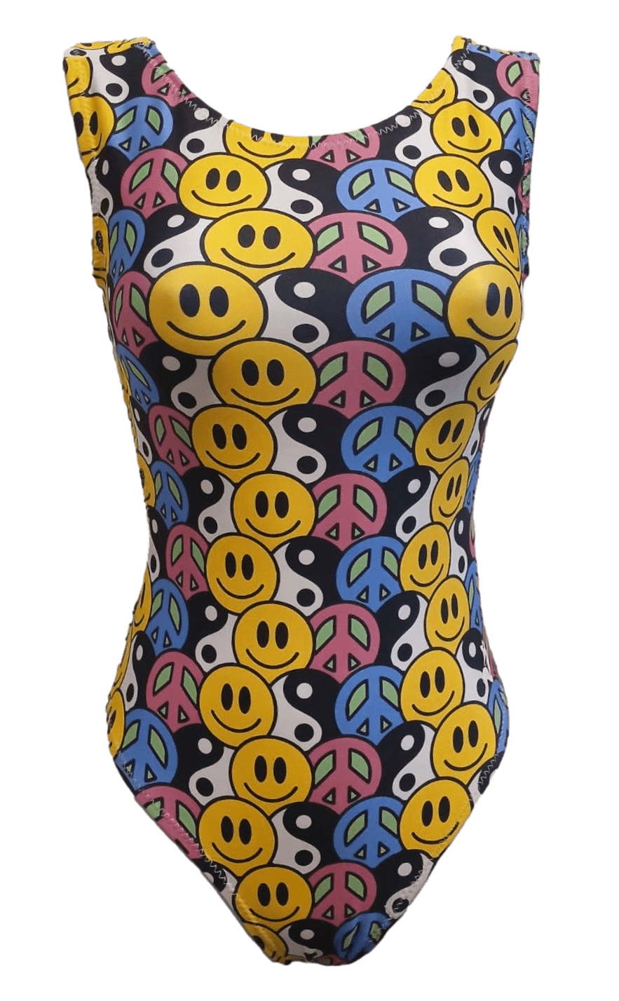 Happy Harmony Gymnastics Leotard - Retro Smiley Face & Peace Sign Print for Girls - Foxy’s