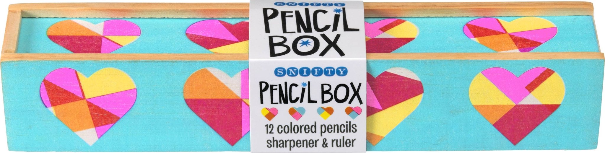 Snifty pencil box set: 12 colored pencils, sharpener, ruler. Light blue wooden box with heart design.