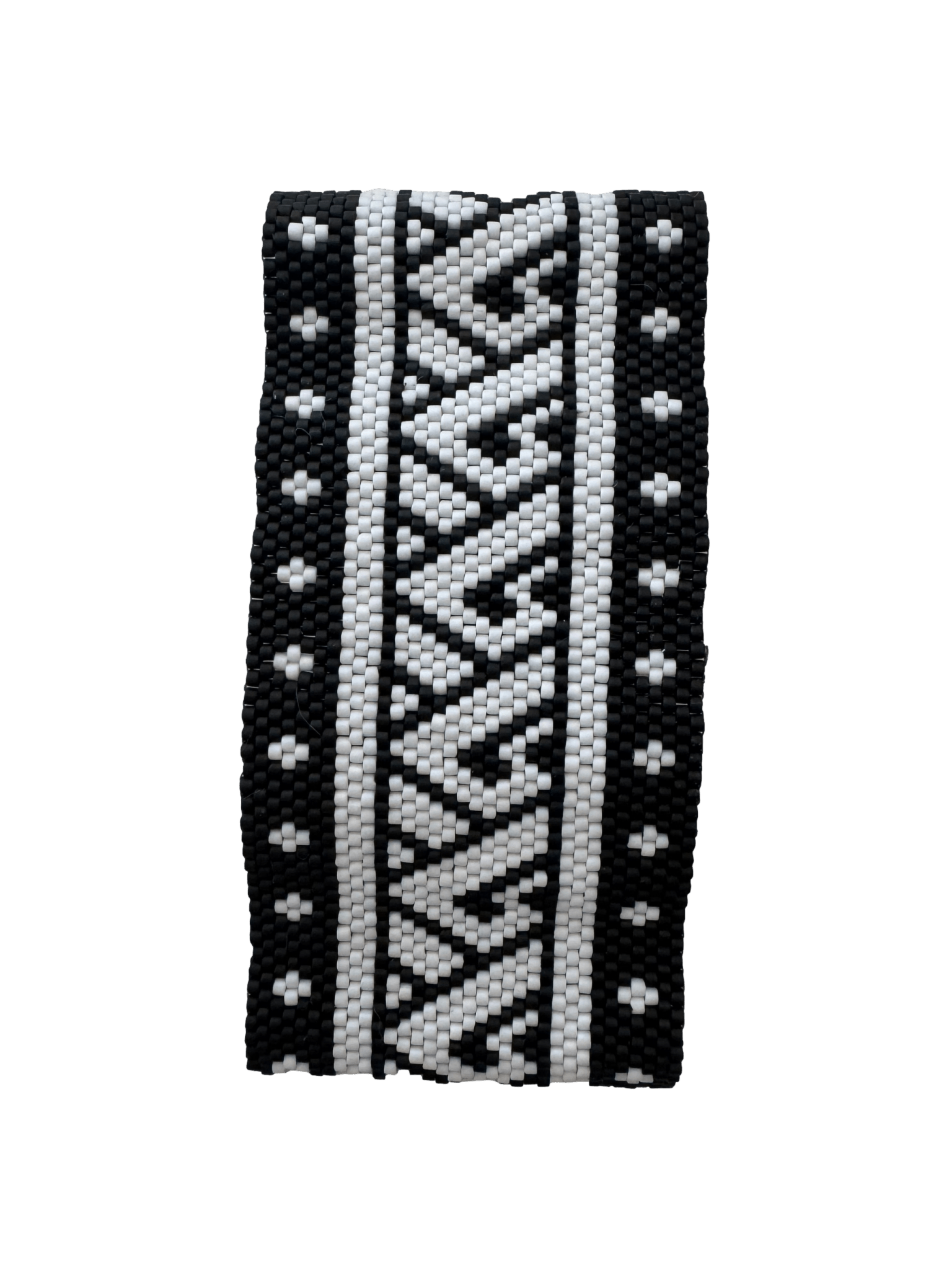 Black and white patterned hand beaded bracelet on a transparent background