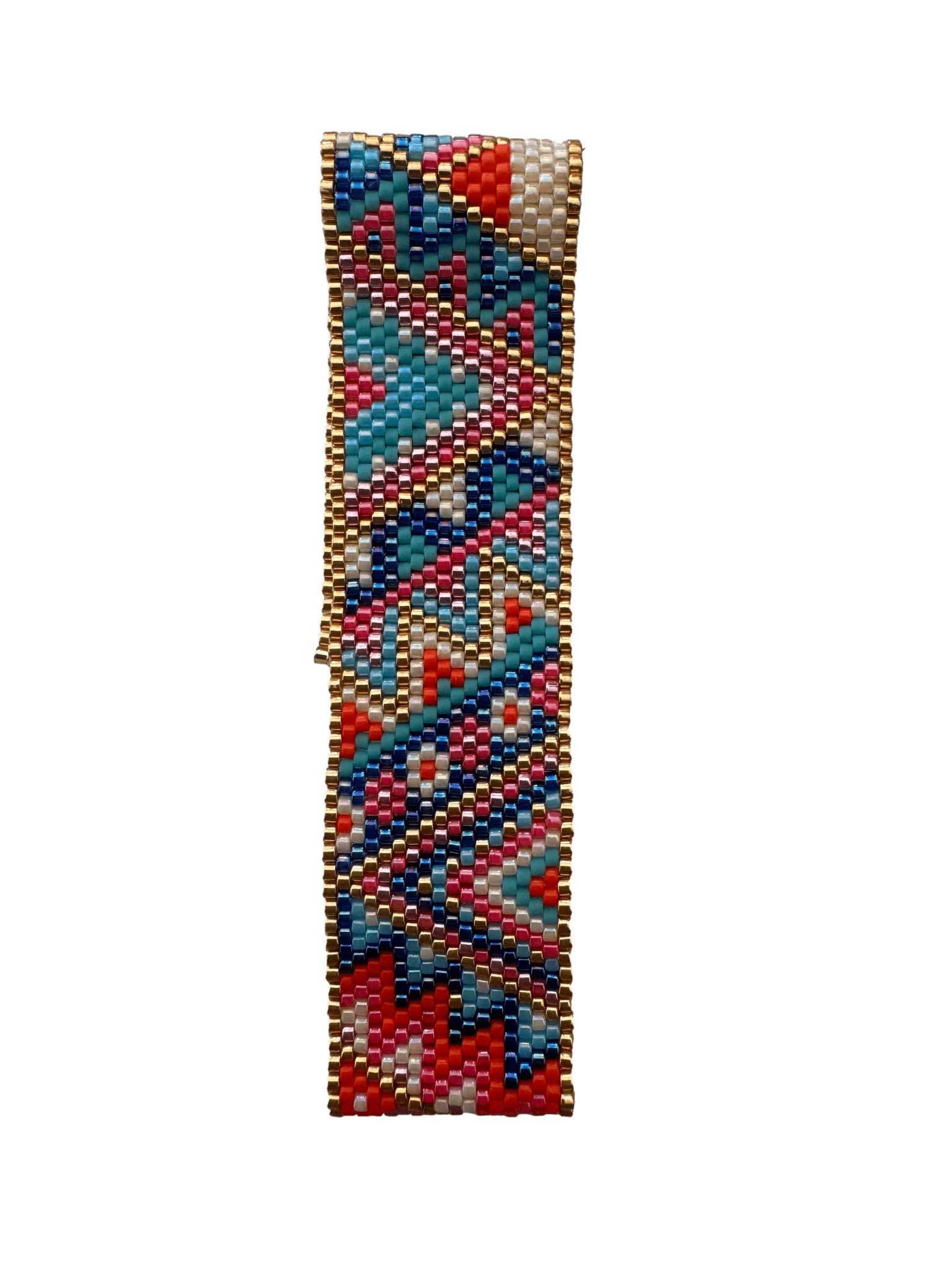 Peyote hang-beaded bracelet with geometric pattern on a green background
