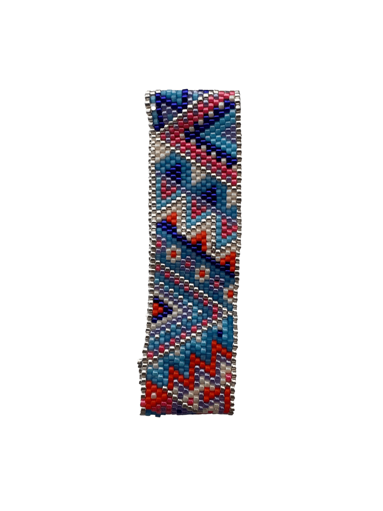 Peyote hand-beaded bracelet with geometric pattern on a green background