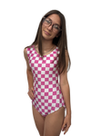 pink and white checkered check me out leotard